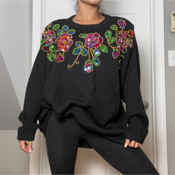 Vintage Sweaters - Vintage 80s/90s Victoria Woman Oversized Floral Sequin Sweater Size 2X